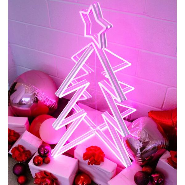 Pink 3D Neon Christmas Tree shown with presents and baubles - by Custom Neon®