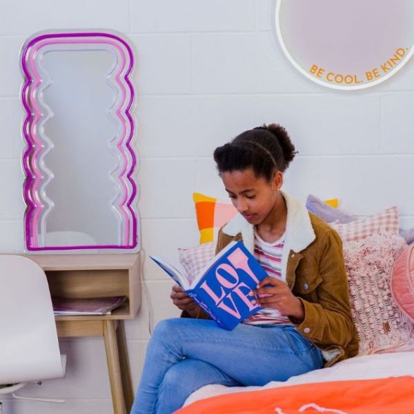 Squiggly Mirror in pink & white LED neon flex on silver mirrored backing by CUSTOM NEON® 