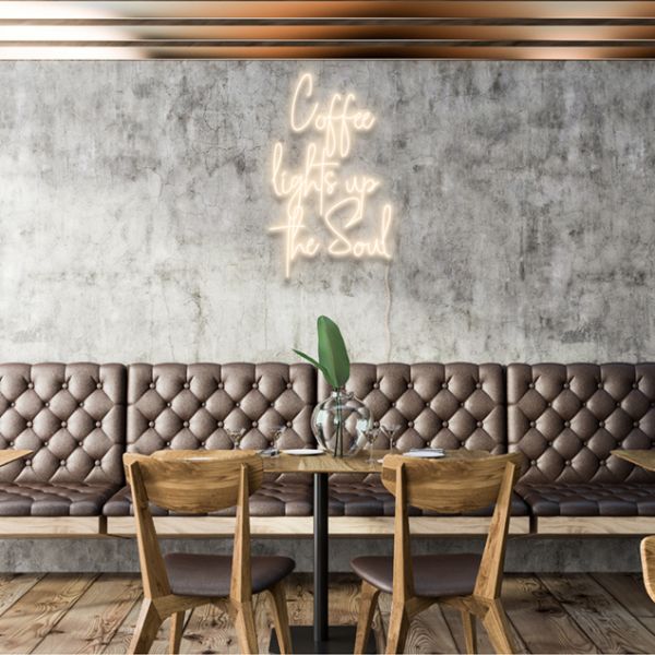 Coffee Lights Up The Soul LED neon sign shown in cafe - from Custom Neon