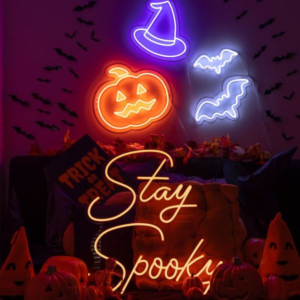 Custom Neon® Halloween lightup signs and art: orange jackolantern, purple witch's hat, bats & Stay Spooky quote sign