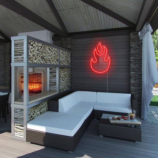 Custom Neon® Art: Flaming Fire in dark red wall mounted in the outdoor entertainment area