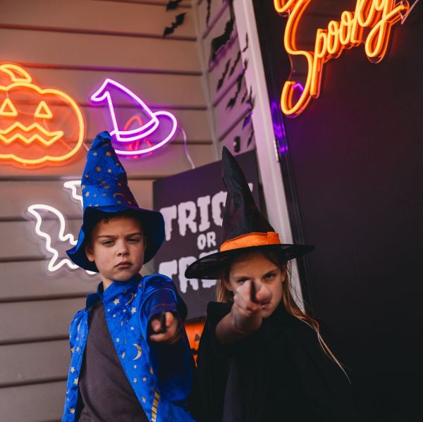 CUSTOM NEON® Halloween decorations:  LED Jack O Lantern, witch hat, bats & Stay Spooky door sign