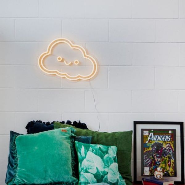 Smiley Cloud LED wall light in warm white above child's bed -  by CUSTOM NEON®