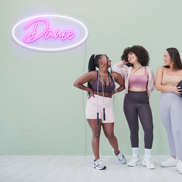 Dance Neon Sign by CUSTOM NEON® shown in white & pink