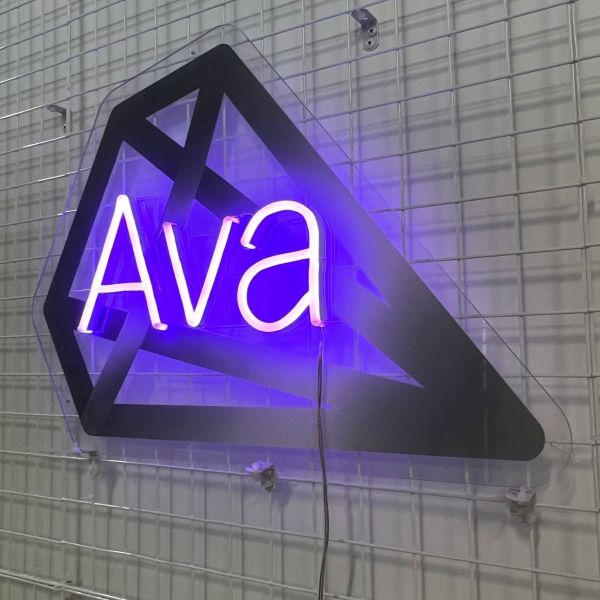 Personalized sign with name in purple LED neon flex on a diamond shaped UV printed background from Custom Neon. 