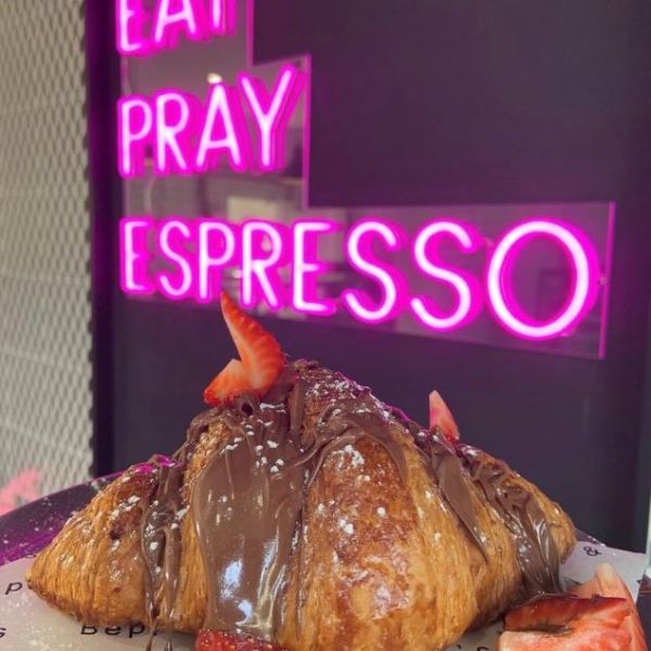 Eat Pray Espresso Light Sign by CUSTOM NEON® pictured in cafe @beppe_and_gs