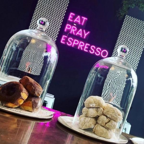 Eat Pray Espresso Light Sign by CUSTOM NEON® shown in coffee shop @beppe_and_gs