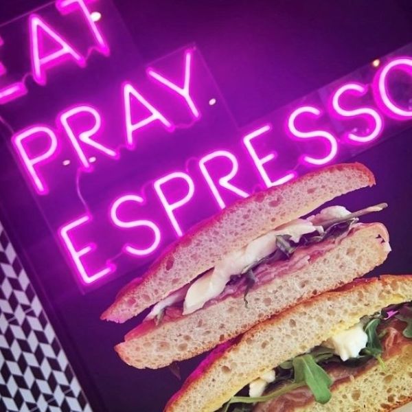 Eat Pray Espresso dark pink wall sign by CUSTOM NEON® @beppe_and_gs cafe