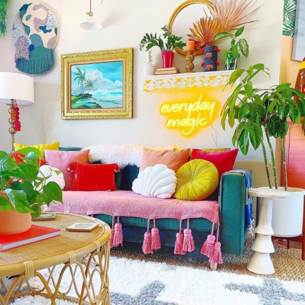 Everyday Magic LED neon light in lemon yellow shown turned on in a living room - made by @CustomNeon for @sare_xo_home