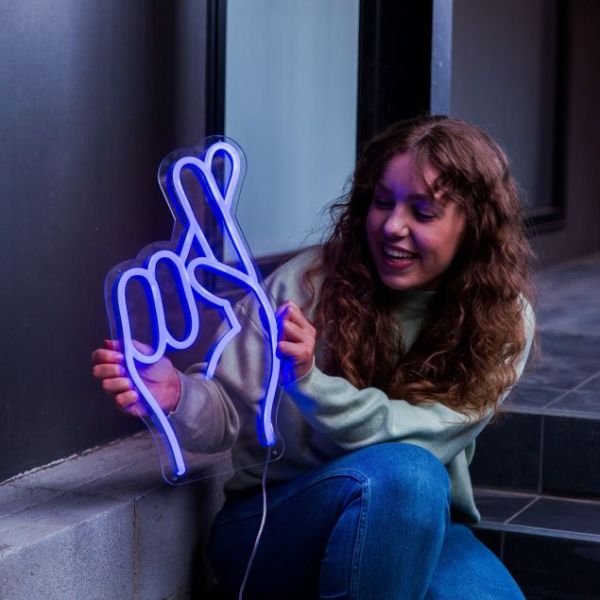 Fingers Crossed Emoji Light Sign in dark blue from Custom Neon®