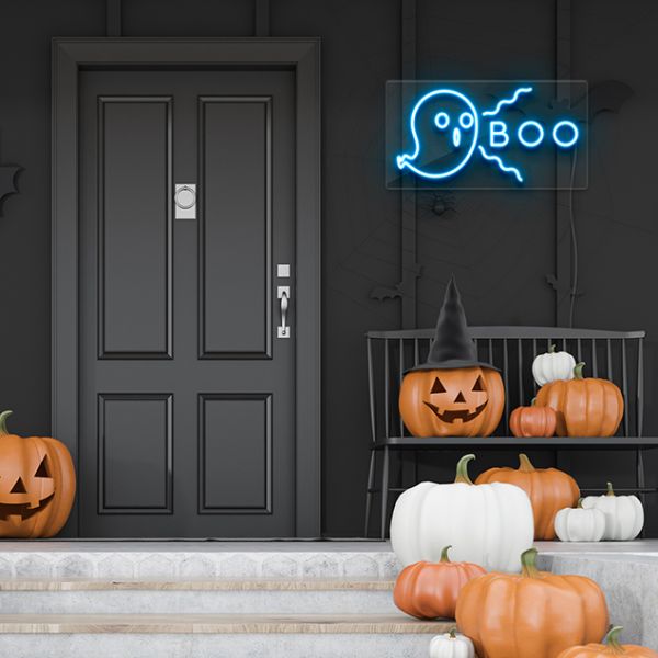 Cute Ghost Neon Light: pre-designed LED neon art from Custom Neon® shown on dark wall in Halloween setting
