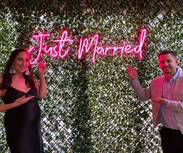 Just Married LED neon light on a wedding photo backdrop - from Custom Neon™  @customneon