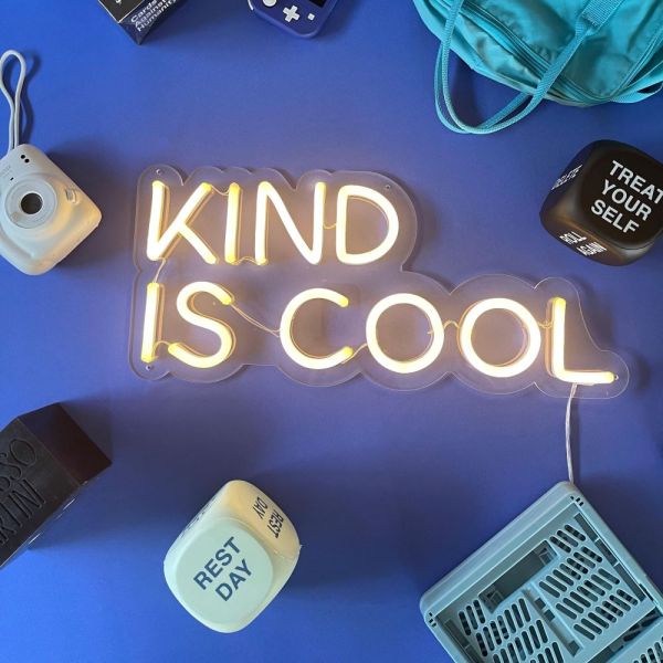 Kind is Cool Custom Neon® sign in white against a dark blue background,Kind is Cool white LED sign by Custom Neon®