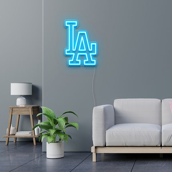 LA light blue neon sign wall mounted in a living room - CUSTOM NEON®