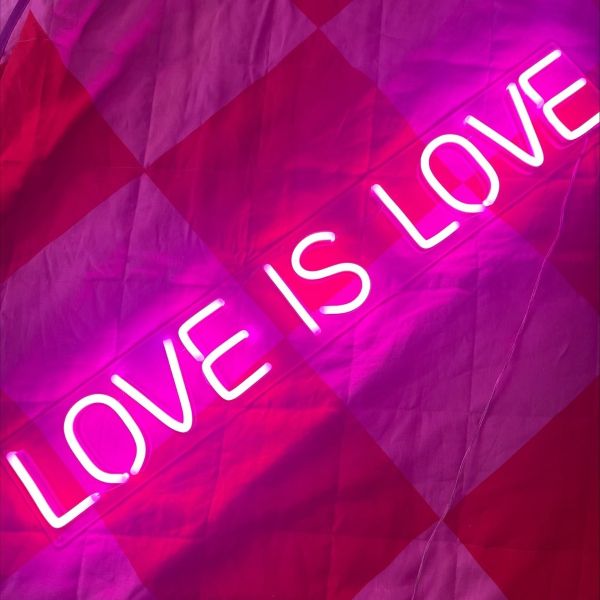 Pink LOVE IS LOVE neon sign from the Custom Neon® Pride collection 