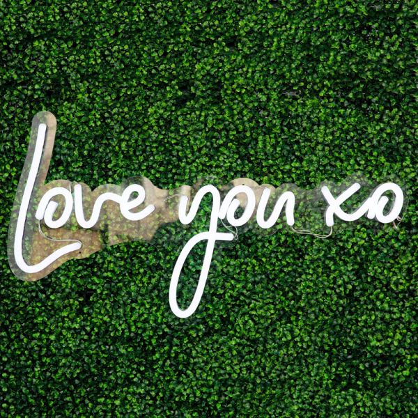 Love You XO LED neon light shown on a green wall - from Custom Neon by Neon Collective