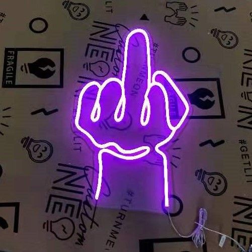 Middle finger LED neon sign in purple shown turned on - made by Custom Neon®