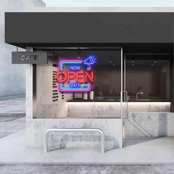 NOW OPEN 24/7 LED Neon Multi-Colour Open Sign in Square Frame - from CustomNeon.com.au