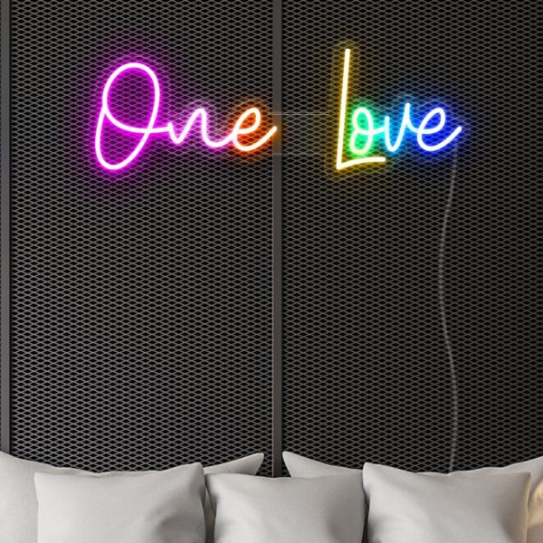 Colorful One Love light up word sign shown turned on - by Custom Neon®