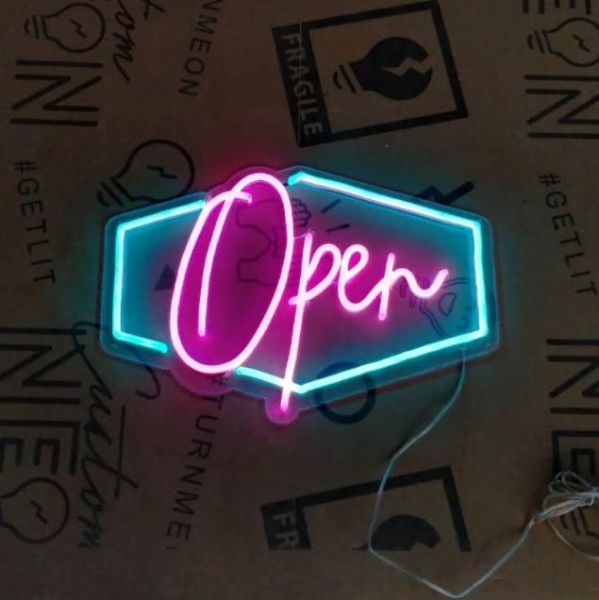 LED neon flex open sign in pink with a blue outline - from CustomNeon.com.au