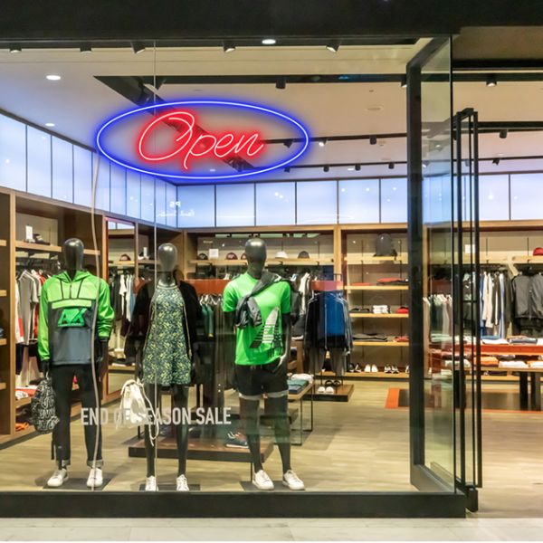 Two colour LED neon open sign using the Alexa font shown in clothing store window - from CustomNeon.com.au