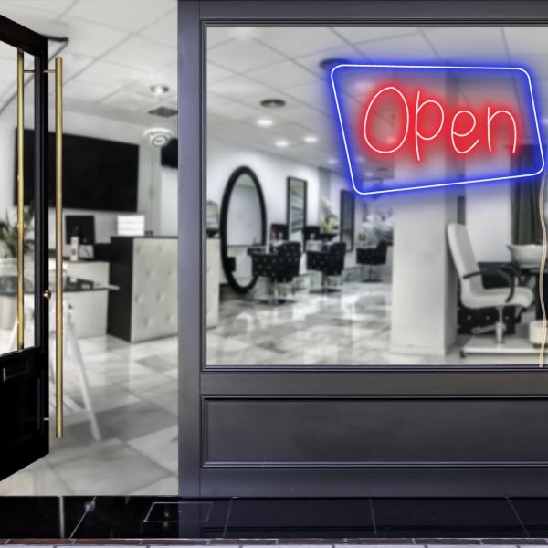 Neon look LED shop open sign in blue and red with an asymmetric outline shown in a hair salon window - from CustomNeon.com.au