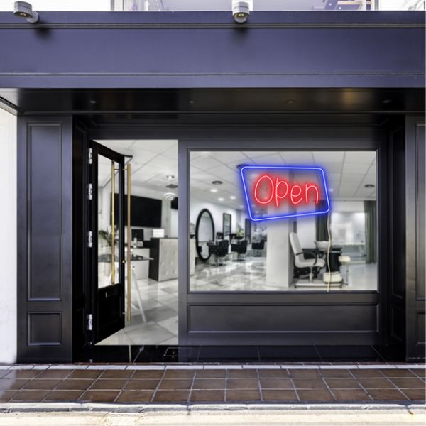 Neon look LED shop open sign shown in a hair salon window - from CustomNeon.com.au