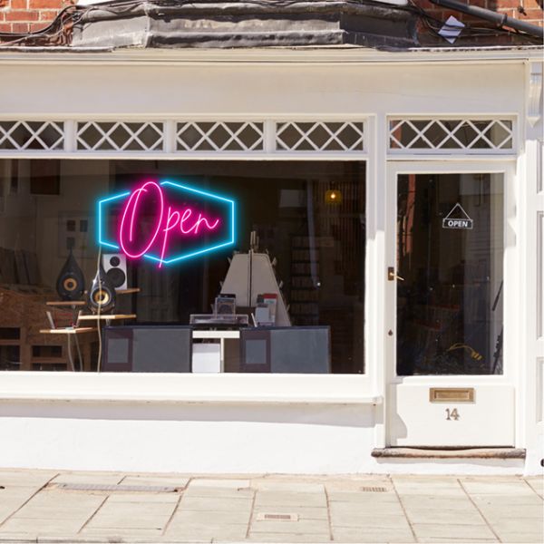 LED neon flex open sign shown in a shop window - from CustomNeon.com.au