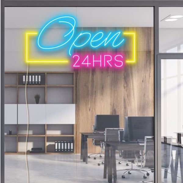 Open 24HRS Neon Light in yellow, blue and pink - from CustomNeon.com.au