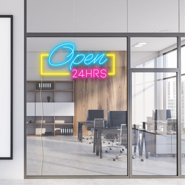 Open 24HRS LED Neon Light shown in office window - from CustomNeon.com.au