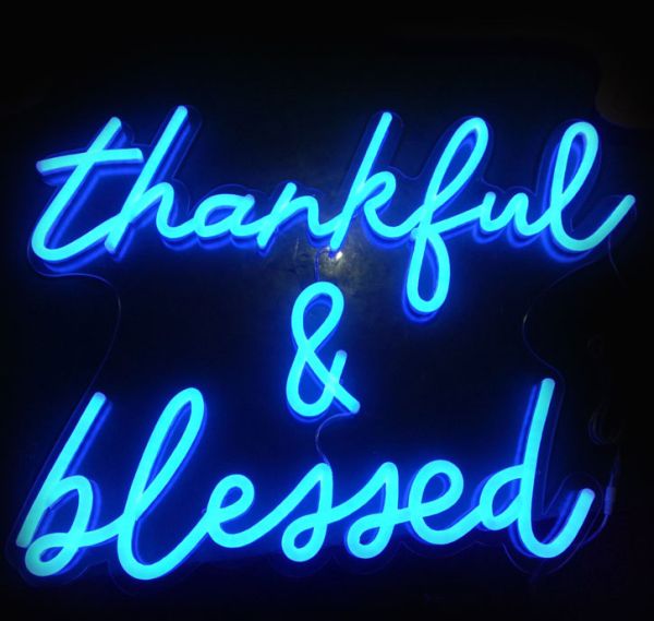 Thankful & Blessed LED Neon Sign in blue shown close up - photo from Custom Neon