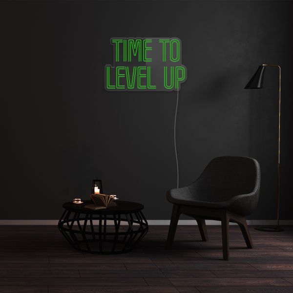 Time to Level up green LED neon sign shown turned off - by Custom Neon®