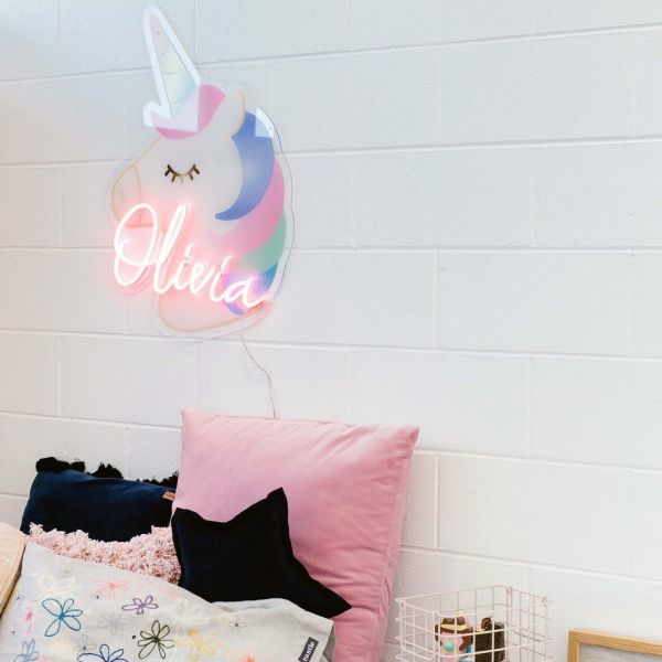 Personalized name sign with a unicorn background from Custom Neon by Neon Collective