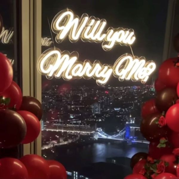 Will You Marry Me CUSTOM NEON® sign  with balloons and  Sydney Harbour bridge in the background @theproposers