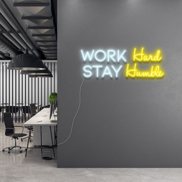 Work Hard Stay Humble in white & yellow on grey office wall - by CUSTOM NEON®