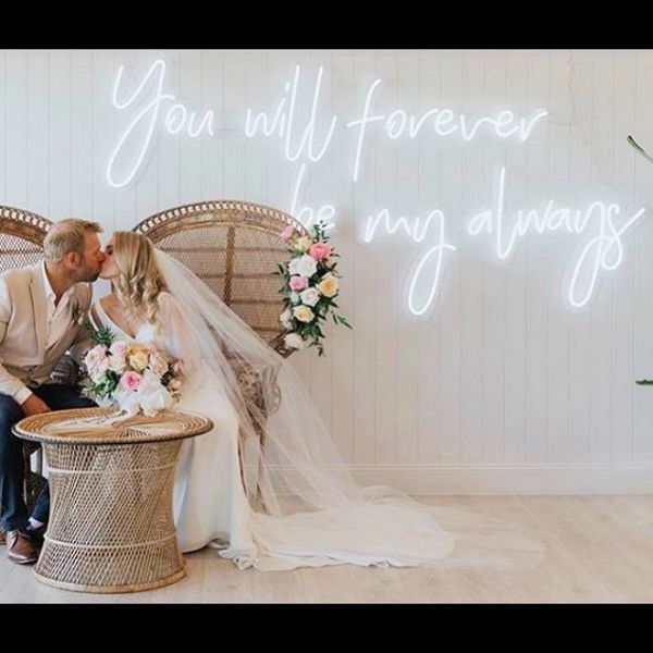 You Will Forever Be My Always Sign in LED Neon Flex behind the newlyweds - from Custom Neon
