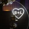 Personalized Heart Neon Sign in LED Flex with clear acrylic background displayed with balloons and wedding cake - photo CustomNeon.com.au