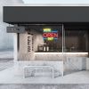 WE'RE OPEN 24/7 in brilliant yellow and red, with bright blue lines shown in a cafe window - from CustomNeon.com.au