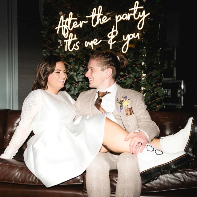 After the party it's me and you Custom Neon® sign as the backdrop for a wedding selfie couch wall @william_lane_photography