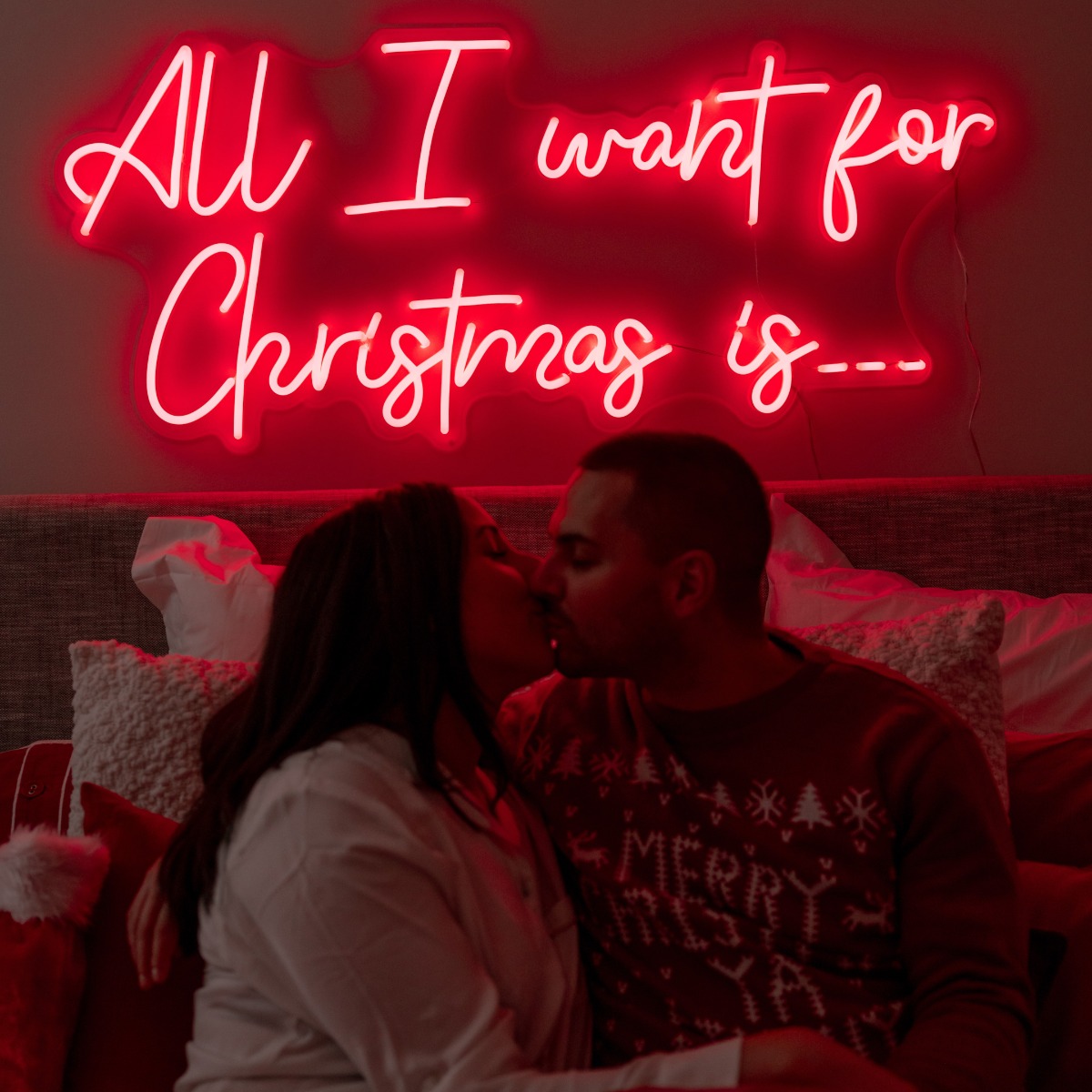 Custom Neon® red All I Want for Christmas... sign in the bedroom