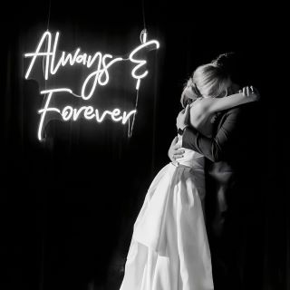 Large white Custom Neon® Always & Forever wedding quote sign in black and white @elle.kayee