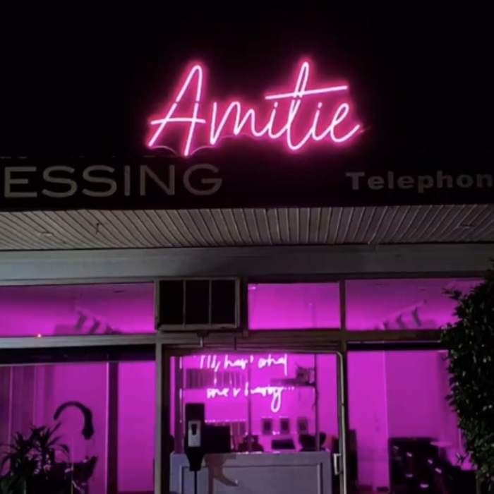 Pink Custom Neon® hair salon name sign @amitiehair.co