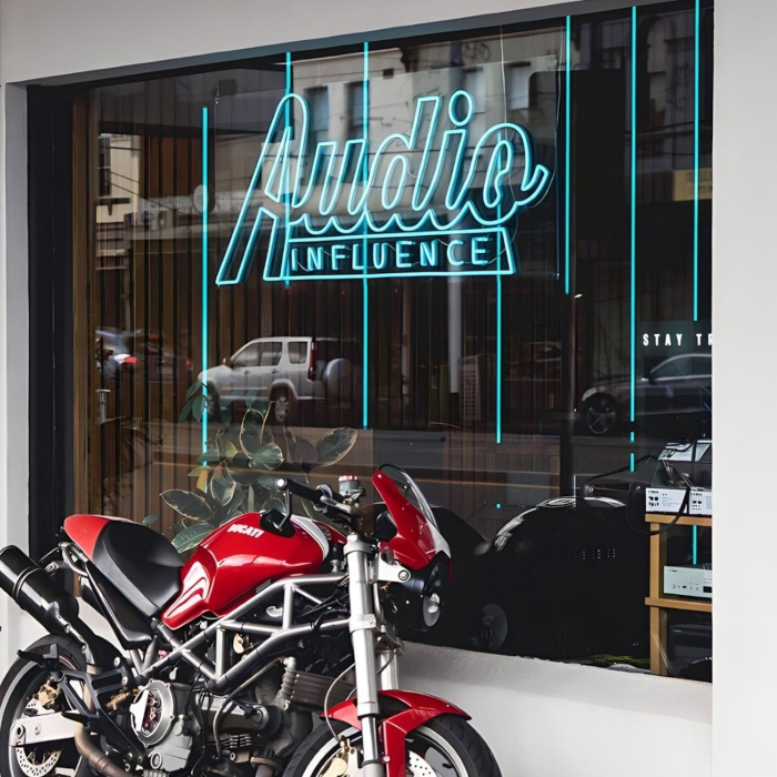 Light blue LED neon window sign made by Custom Neon®