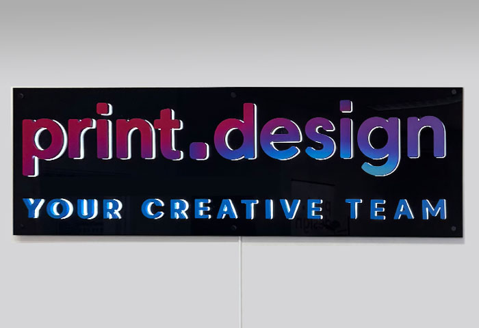 Colourful halo office sign featuring UV print acrylic with white LED illumination