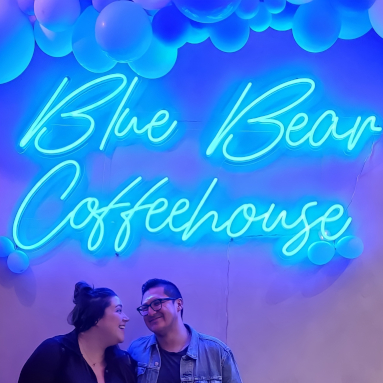 Large Custom Neon® coffee shop name sign @bluebearcoffeehouse
