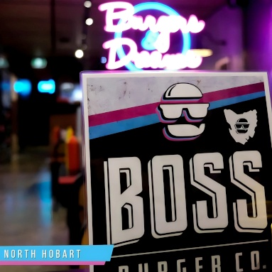 Custom Neon® exterior signage outside the North Hobart @bossburgerco