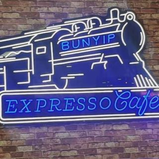 Custom Neon® logo in blue & white LED flex on black backing @bunyipexpressocafe