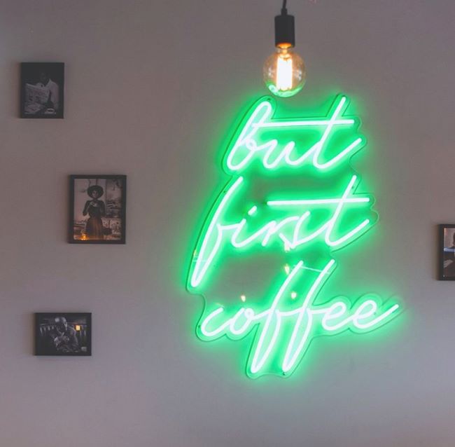 Custom Neon® green But First Coffee sign @pimlottandstrand