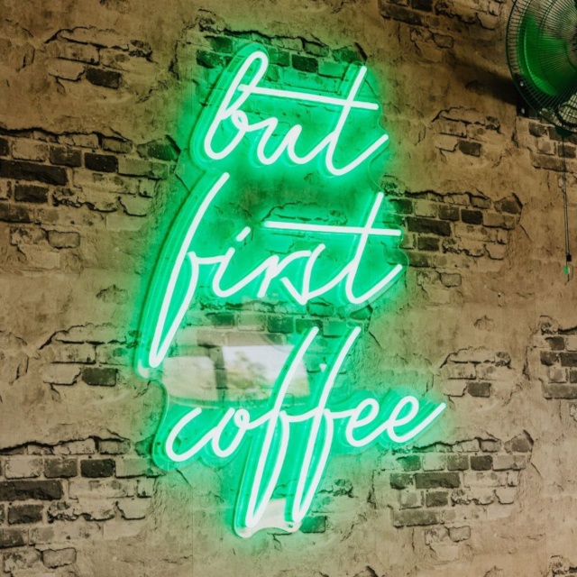 Custom Neon® green But First Coffee sign @pimlottandstrand