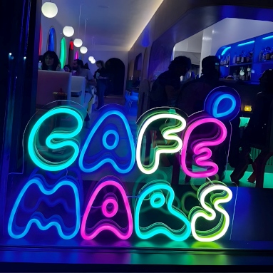 Colorful Custom Neon® cafe name sign in the window @cafemarsbk